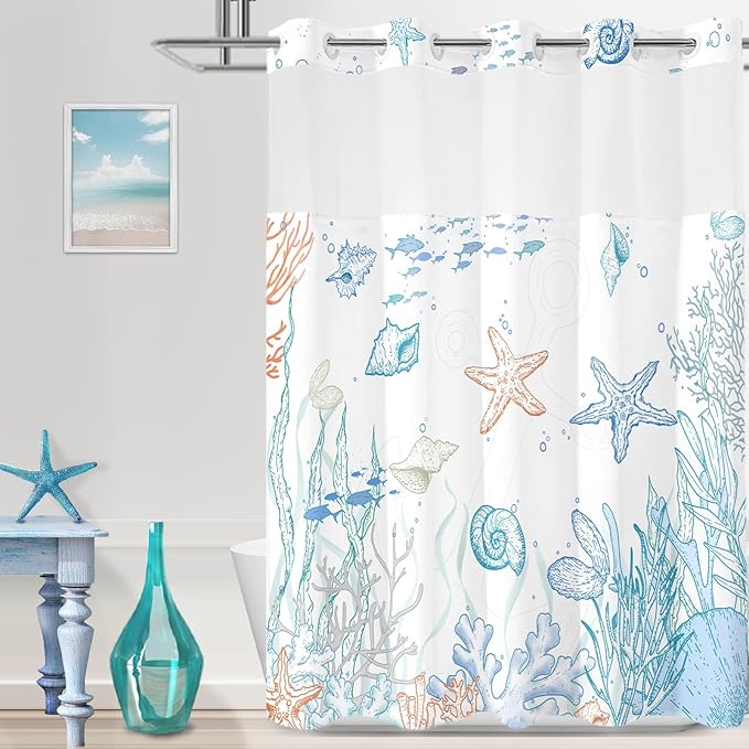 No Hook Shower Curtain with Snap in Liner, Beach Ocean Nautical Coastal Shower Curtains and Liner Set for Bathroom, Seashell Hotel Fabric Bath Curtain, Waterproof Washable, Orange 71" x 74" by TWLSNCD