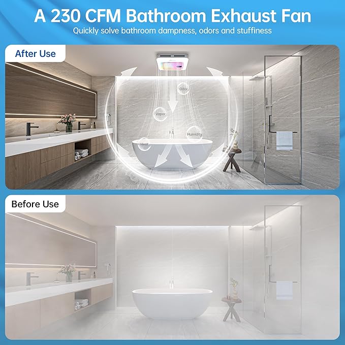 Bathroom Exhaust Fan with Bluetooth Speaker, 230 CFM 1.0 Sone Bathroom Exhaust Fan with Light, 3 Dynamic Light, 7 LED Color, 3 Color Temperatures, Nightlight,Remote, Easy Install - Image 5