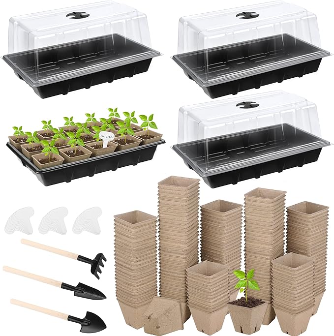 4 Pack Seed Starter Tray Kit, 120 Square Seed Peat Pots for Seedlings with Plants Labels, Planting Tools, Plastic Growing Germination Trays with Lids for Indoor Outdoor Gardening, Black by Hahood