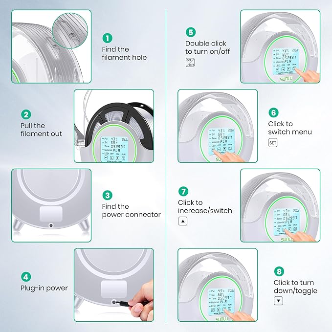 SUNLU Official Filament Dryer S2, Built-in Circulation Fan, 70℃ Max Temperature, 3D Printer Filament Dehydrator and Storage Box fo Nylon TPU PLA PETG ABS Filament 1.75/2.85/3.00mm, S2 White - Image 8