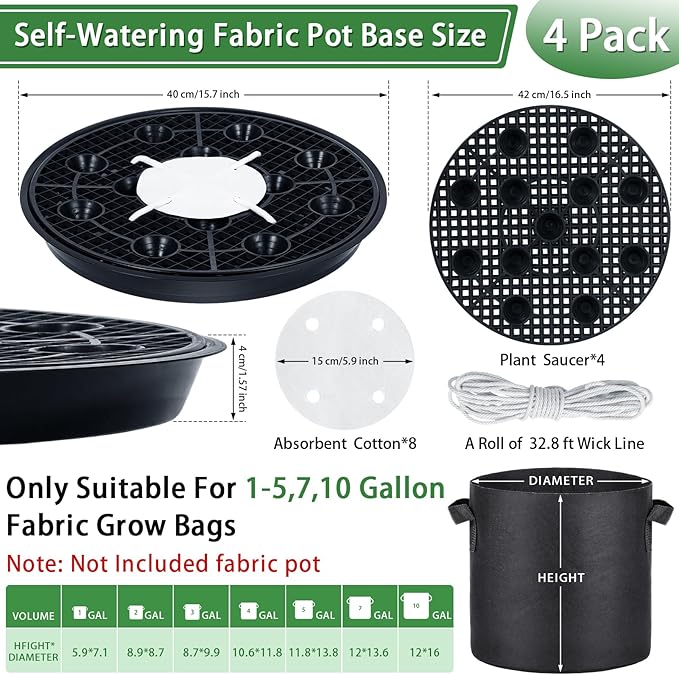 4 Pack 16.5'' Self-Watering Fabric Pot Base - Auto-Irrigation System Plant Saucer for 10 Gallon Fabric Pot, Auto Watering Plant Water Tray Self Watering System for Indoor Greenhouse Grow Tent Garden - Image 2