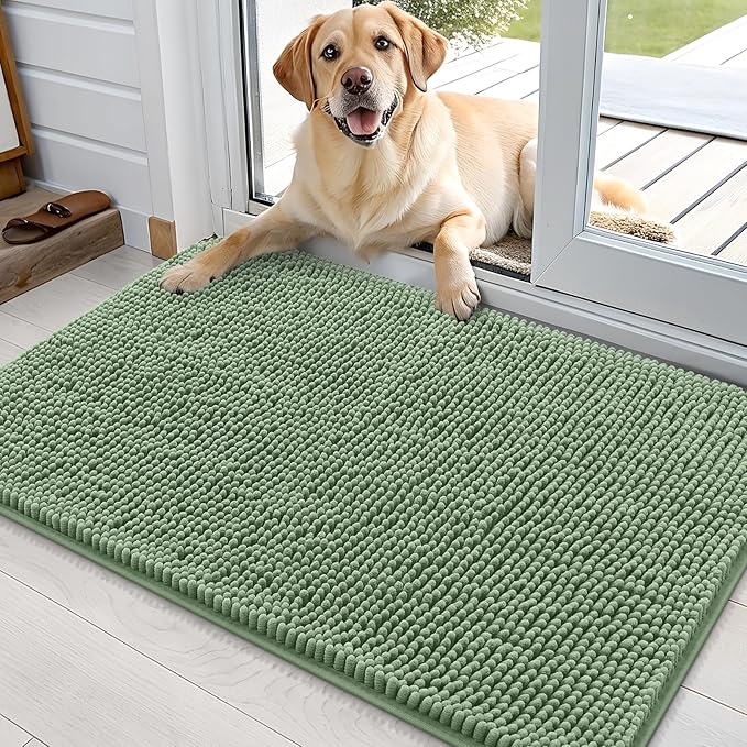 OLANLY Dog Door Mat for Muddy Paws 36x24, Absorbs Moisture and Dirt, Absorbent Non-Slip Washable Doormat, Quick Dry Chenille Mud Mat, Entry Indoor Entryway Carpet for Inside Floor, Olive Green by OLANLY