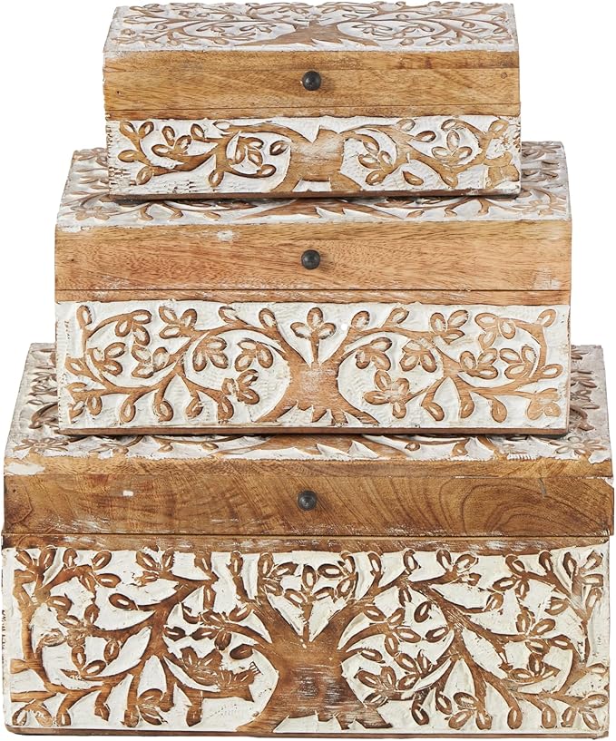 Deco 79 Mango Wood Floral Decorative Box Decorative Keepsake Boxes with Hinged Lid, Set of 3 Storage Boxes 8", 10", 12"W, Brown - Image 2