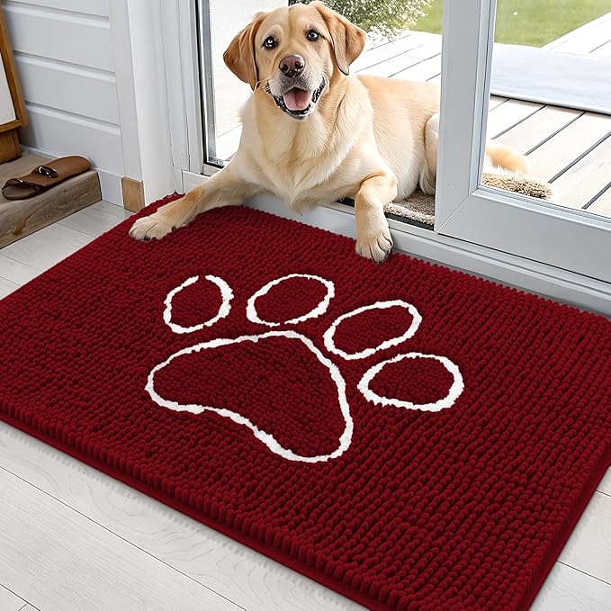 OLANLY Dog Door Mat for Muddy Paws 36x24, Paw Print Design, Absorbs Moisture and Dirt, Absorbent Non-Slip Washable Doormat, Quick Dry Chenille Mud Mat for Dogs, Entry Indoor Entryway Carpet, Red by OLANLY