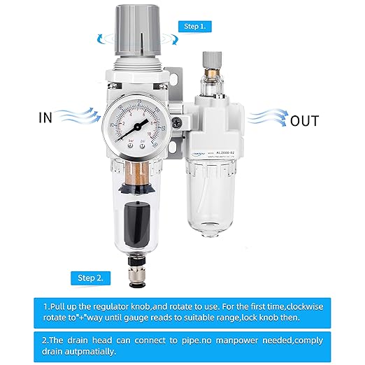 NANPU 1/4" NPT Auto-Drain Air Filter Regulator Lubricator Combo (FRL) Water/Oil Trap Separator - Gauge(0-150 psi), 5 Micron Brass Element, Poly Bowl, Metal Bracket - Image 4