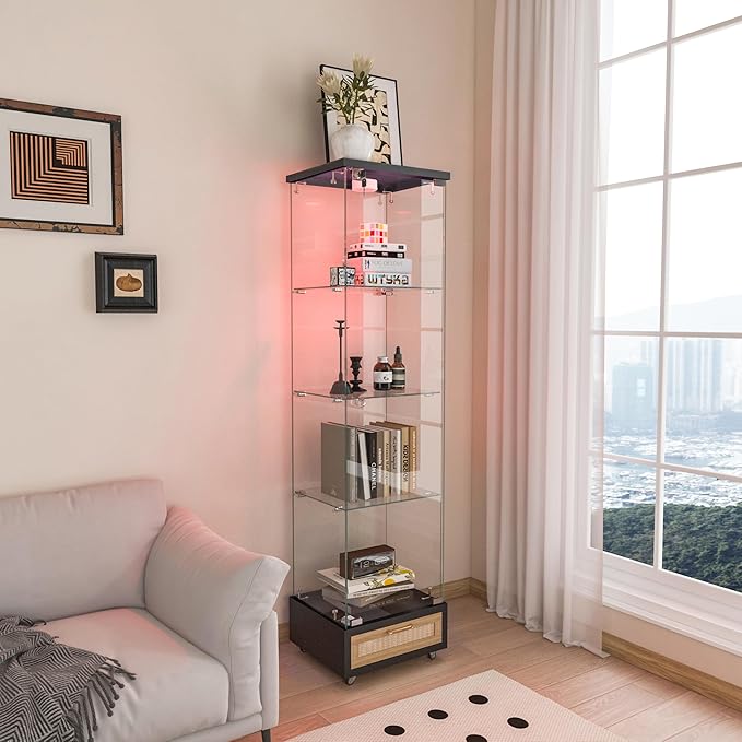 Yoluckea 4 Tiers Glass Display Cabinet with LED Lighting and Drawer, 1 Door Floor Standing Curio Cabinet with Wheel for Home, Office, Corner Display, Black Glass Bookshelf for Collections and Decor - Image 7