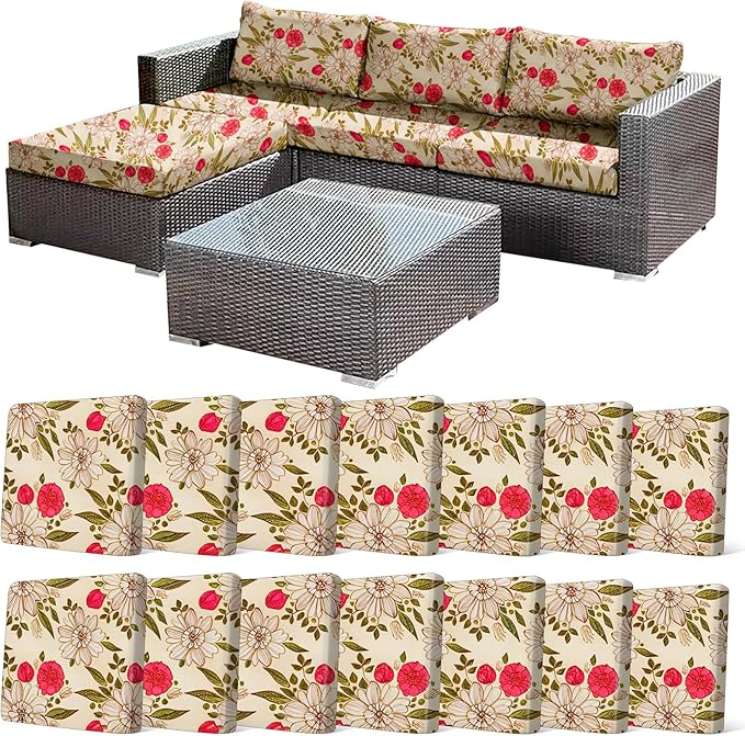 14Pcs Stretch Patio Cushion Cover, Floral Couch & Sofa Slipcovers for Patio Furniture Cushions Washable Reusable Couch Covers Replacement for All-Season (Rosy Pink Floral,Cover Only) by CALBODE
