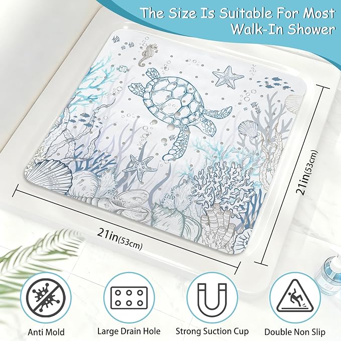 Sea Turtle Square Anti Slip Shower Mats for Inside Shower Accessories, Cute Bath Mats for Bathroom Non Slip Shower Floor Mat Decor Rubber Bathmat With Suction and Drain Holes Machine Washable, 21″X21″ - Image 2