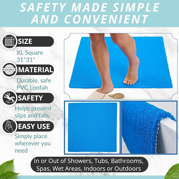Square Shower Mat - Non Slip Shower Mats for Inside Shower - Extra Large 31x31 Shower Floor Mat Non Slip - Square Bath Mat for Shower - Secure Anti Slip Loofah Shower Bath Mat (31x31 Blue) - Image 3