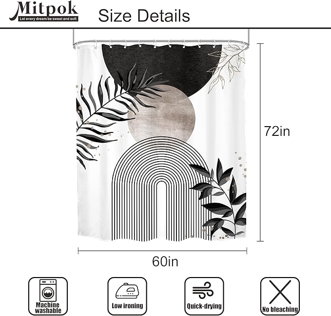 Black Grey Boho Shower Curtain 60Wx72H Bohemian Mid Century Modern Abstract Gray Gold Leaves Plant Minimalist Geometric Bathroom Decor Arch Neutral Bath Curtain Fabric Polyester 12 Pack Hooks - Image 5