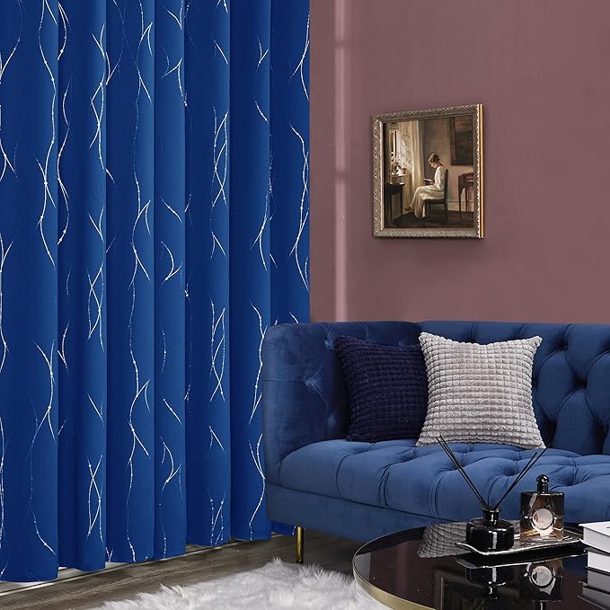 Deconovo Blackout Curtains, 38 x 36 Inch Drapes for Kitchen with Wave Dots Silver Print, Soundproof Thermal Insulated Window Curtain for Small Windows Nursery, Set of 2, Machine Washable, Royal Blue - Image 4