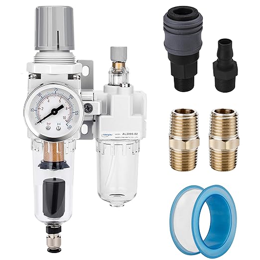 NANPU 1/4" NPT Auto-Drain Air Filter Regulator Lubricator Combo (FRL) Water/Oil Trap Separator - Gauge(0-150 psi), 5 Micron Brass Element, Poly Bowl, Metal Bracket by NANPU