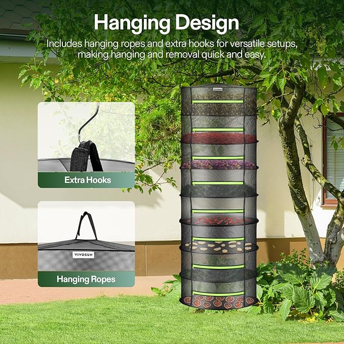 VIVOSUN 8-Layer Mesh Drying Rack Hanging Design with Green Zippers for Dehydrating, Indoor and Outdoor Pruning Shears Included - Image 3
