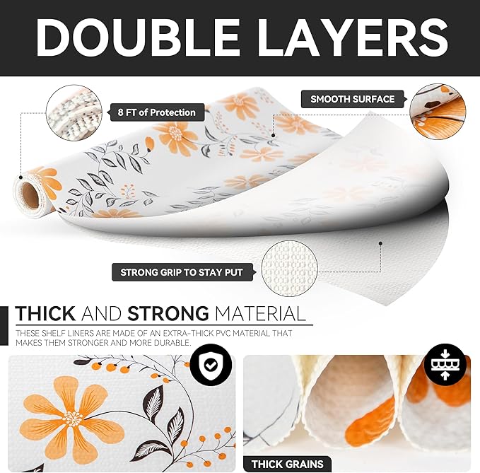 RAY STAR Shelf Liner, Non Adhesive Daisy Floral Printed Cabinet Liner for Pantry Drawer, Strong Grip Non Slip Waterproof, Shelf Liners for Kitchen Cabinets Organization 18 Inch x 8 FT (5 Rolls) - Image 7