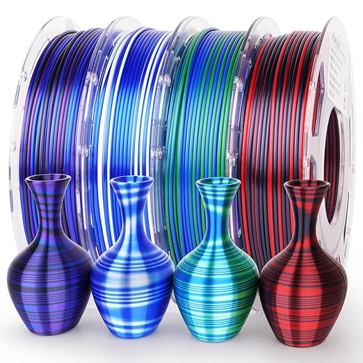 AMOLEN Silk PLA 3D Printer Filament Bundle, Multicolor Gradient Rainbow PLA 1.75mm Pack, Shiny Fast Color Change 3D Printing Filament for Most FDM 3D Printer, 200g X 4 Spools by AMOLEN