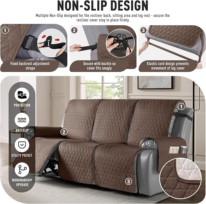 TAOCOCO 100% Waterproof Recliner Cover, Non-Slip Washable Reclining Couch Cover with Elastic Leg Straps, Furniture Protector for Dogs (Brown, 3 Seater) - Image 5