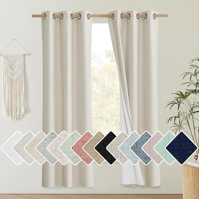 NICETOWN Natural Bedroom Full Blackout Linen Curtain Panels Set of 2, 42" by 72", Thick Insulated Classic Grommet Blackout Draperies with White Thermal Insulated Liner for Windows by NICETOWN