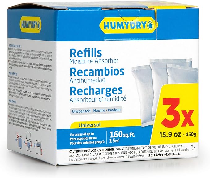 HUMYDRY Moisture Absorber Refills for 15.9 Oz Dehumidifier Device, Pack of 3 Unscented Humidity Absorber Bags, Non Electric Humidity Absorber for Home Closets Bathrooms RVs and Medium Enclosed Spaces by Humydrymoistureabsorbers