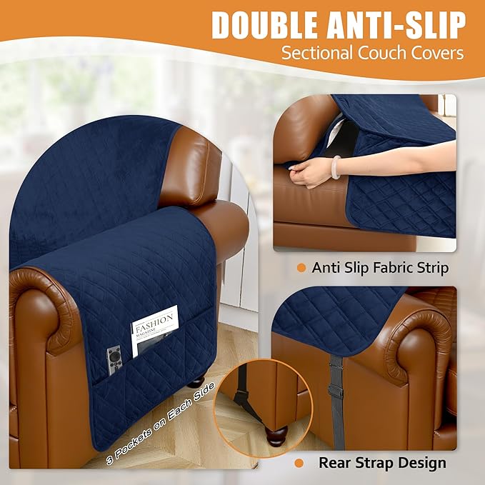 Arfntevss Waterproof Sectional Couch Covers L Shape Washable Velvet Sofa Cover for Sectional Non Slip U Shaped Corner Sofa Slipcover Sets Dog 6 Pcs Universal Furniture Protector (Navy Blue, Small) - Image 4