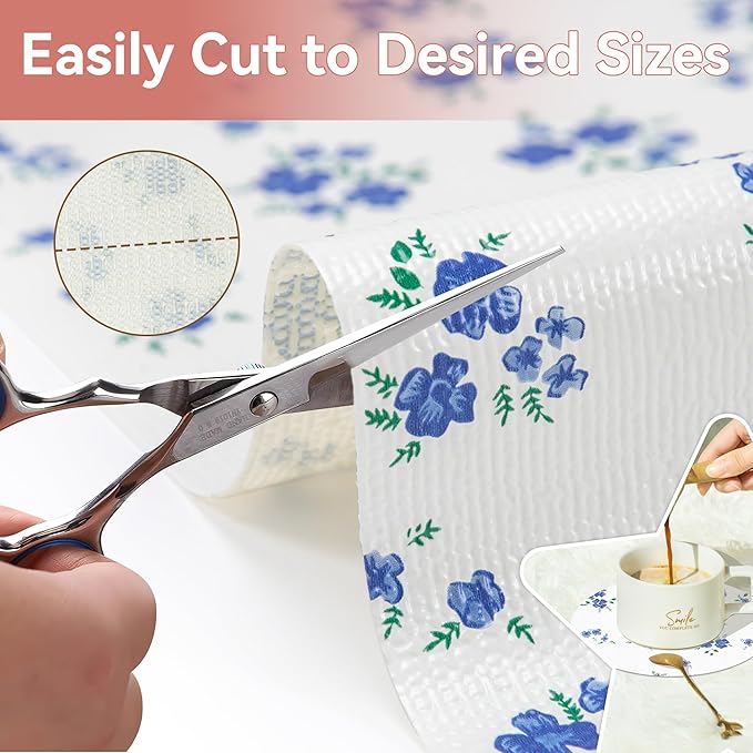 RAY STAR Shelf Liner, Non Adhesive Blue Floral Kitchen Cabinet Liner for Pantry Drawer Vanity, Strong Grip Non Slip Waterproof, Shelf Liners for Kitchen Cabinets Cupboard 18 Inch x 8 FT (5 Rolls) - Image 4