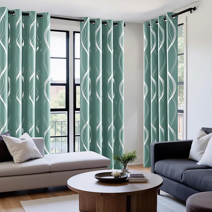 NICETOWN Aqua Blue Foil Print Curtains 90 inch Long for Patio, Wave Silver Line Pattern Drapes Contemporary Style for Elegant Home Decoration, W52 x L90 inch, 2 Panels - Image 2