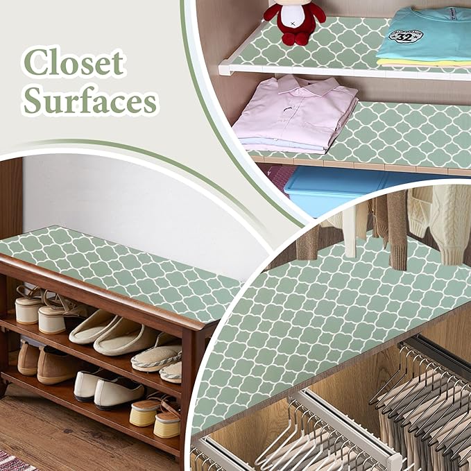 Shelf Liners for Kitchen Cabinets Non Adhesive Drawer Liner 23.6in x 30FT Light Green Quatrefoil Thickened Shelf Liner Strong Non-Slip Easy to Clean Tool Box Refrigerator with Knife and Tape Measure - Image 4