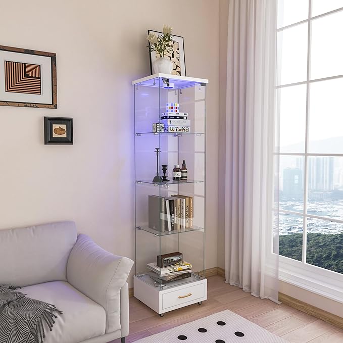 Yoluckea 4-Tier Glass Display Cabinet with LED Lighting and Drawer, 1-Door Floor Standing Curio Cabinet with Wheel for Home, Office, Corner Display, White Glass Bookshelf for Collections and Decor by Yoluckea