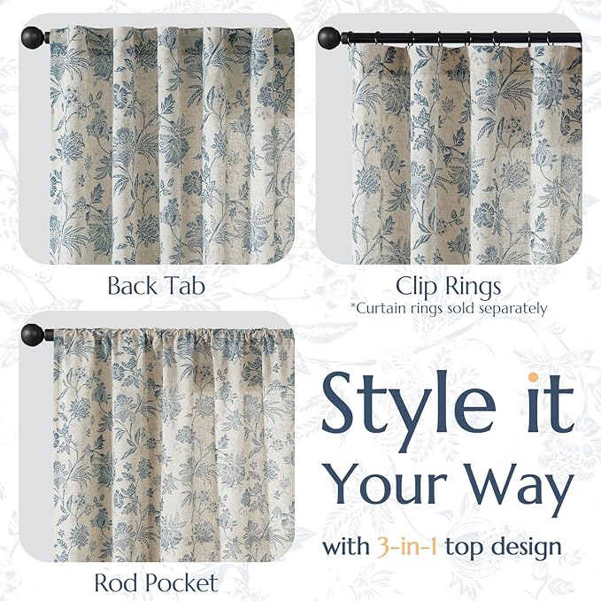 jinchan Linen Floral Curtains for Living Room with Printed Flower 108 Inches Long Light Filtering Extra Long Back Tab Rod Pocket Blue Window Curtain Set Farmhouse Drapes, 2 Panels Blue - Image 5