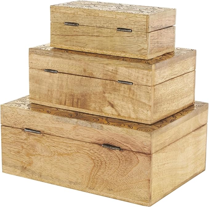 Deco 79 Mango Wood Scroll Handmade Decorative Box Storage Decorative Keepsake Box with Gold Accents, Set of 3 Storage Box 11", 9", 7"W, Brown - Image 7