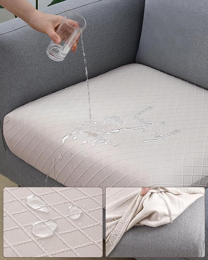 Fuloon Waterproof Seat Cushion Covers 3 PCS, Stretch Sofa Cushion Slipcovers Couch Covers Solid Washable Furniture Protector Suitable for Armchair Loveseat Sofa (Pale Beige) - Image 5