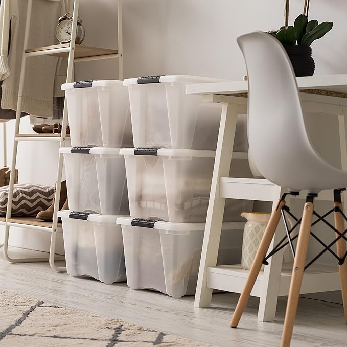 IRIS USA 32 Qt Stackable Plastic Storage Bins with Lids, 6 Pack - BPA-Free, Made in USA - Discreet Organizing Solution, Latches, Durable Nestable Containers, Secure Pull Handle - Pearl - Image 6