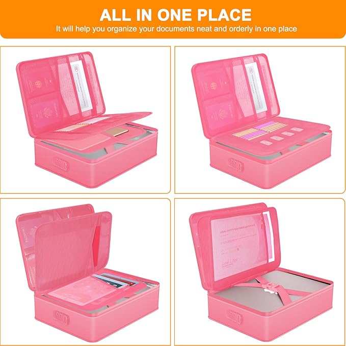 Document Organizer with 5200℉ Heat Insulated, 16.1"x11.4"x4.3" Waterproof and Fireproof Document Box with Lock, Home Strong Fireproof Safe Storage Box for Legal Size Documents and File，Pink - Image 3