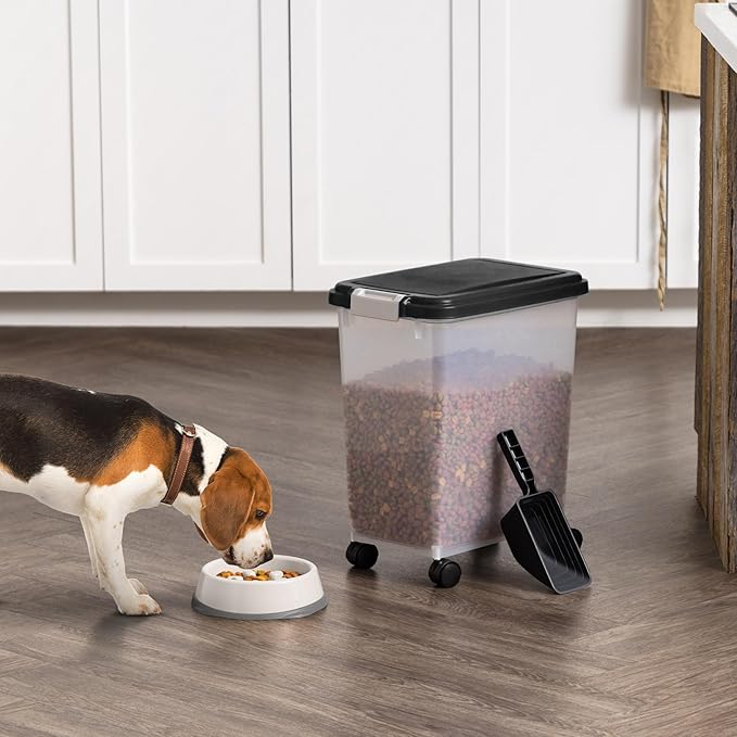 IRIS USA Airtight Dog Food Storage Container with 2-Cup Scoop and Slow Feeder Bowl Combo, Up to 30 lbs Pet Food Bin with Attachable Wheels, Anti-Slip Short Snouted Bowl, Easy to Clean, BPA Free, Black - Image 5