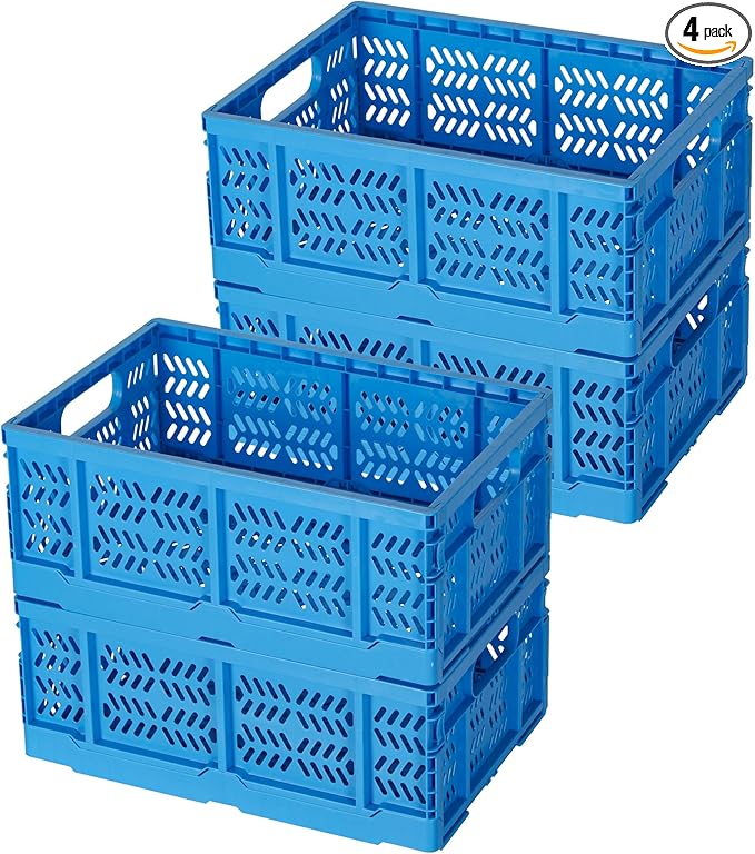 Heavy Duty Plastic Milk Crates for Storage, 4-Pack Stackable Storage Bins for Organizing, Collapsible Storage Basket with Handle for Groceries, Suitable for Home Office School Store, Blue by PAG-Mass