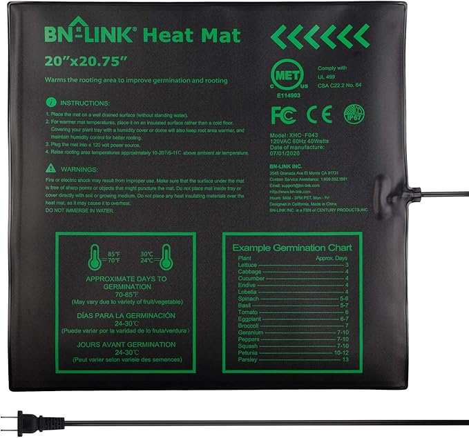 BN-LINK Seedling Heat Mat Warm Hydroponic Heating Pad Waterproof 20" x 20.75" for Seed Starting Greenhouse and Germination by BN-LINK