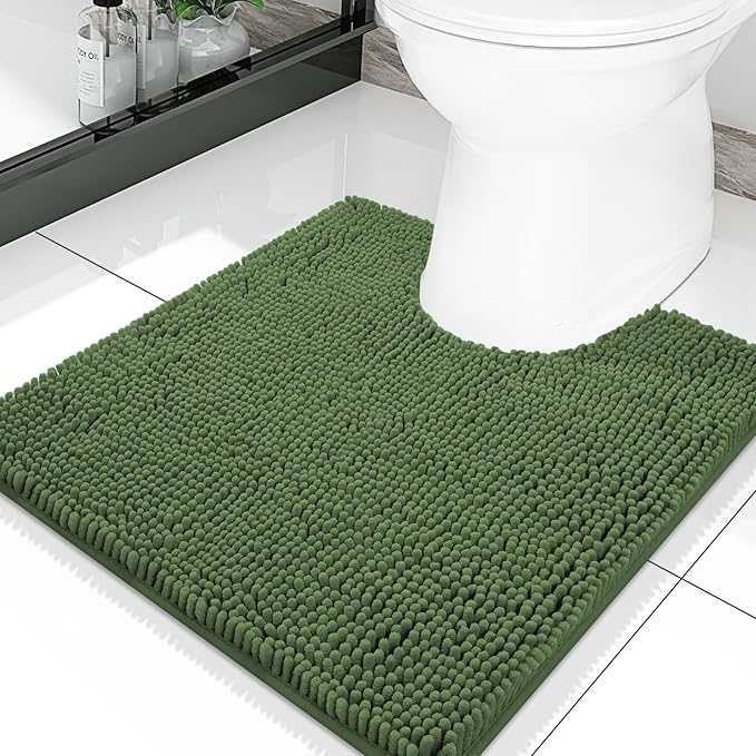 Smiry Luxury Chenille Toilet Rugs U-Shaped 20x20, Soft Absorbent Non-Slip Contour Bathroom Rugs for Toilet, Machine Washable Contoured Bath Mats, Olive Green by Smiry