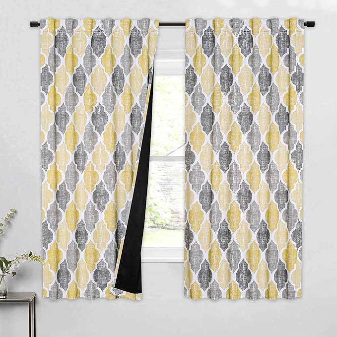 Beauoop 100% Blackout Curtains 63 Inches Long 2 Panels for Bedroom Living Room Yellow Grey Moroccan Geo Room Darkening Thermal Insulated Soundproof Rod Pocket Back Tab Window Treatments Drapes, 50x63 by Beauoop