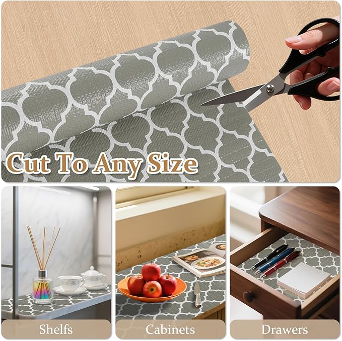 FINNEZ Drawer and Shelf Liner for Kitchen Cabinet Non Adhesive Non Slip 12in x 10FT, Heavy Duty Gripper Cabinet Liners, Waterproof No Residue Easy Cut with Measuring Tape & Cutter Tool (White Grey) - Image 2