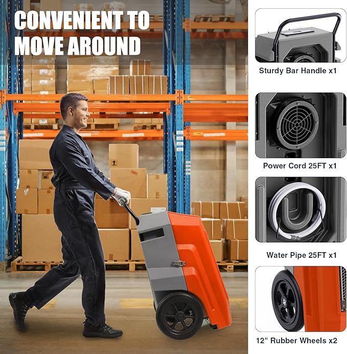 MOUNTO 180Pints LGR Industrial Dehumidifier with Pump and Drain Hose, Portable Commercial Dehumidifier with Wheels for Home, Basements, Garages, and Job Sites (Orange) - Image 5