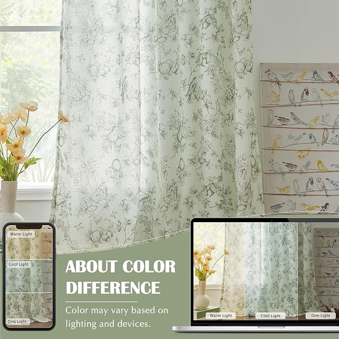 jinchan Linen Floral Curtains for Living Room 96 Inch Long Sage Green Printed Flower French Country Curtain Farmhouse Cottage Core Toile Curtains Back Tab Light Filtering Window Drapes Set 2 Panels - Image 5