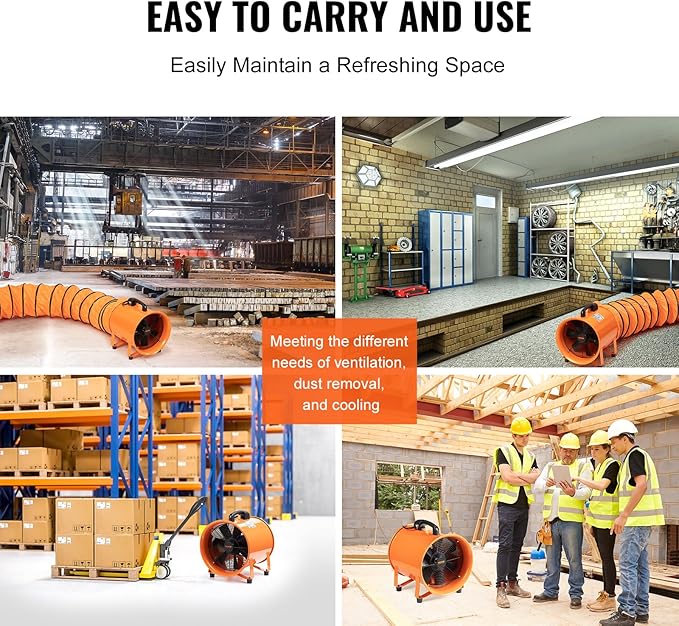 VEVOR Air Mover Blower Fan 10 Inch, 1893CFM 380W with 33ft Flexible Duct, Industrial Portable Ventilator Blower/Exhaust, Orange - Image 6