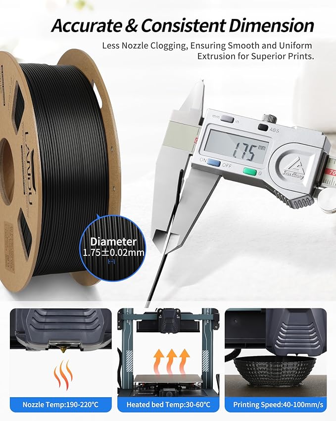 LANDU PLA Filament 1.75mm Black 1KG, 3D Printer Filament 1kg Cardboard Spool(2.2lbs), Dimensional Accuracy +/- 0.02mm, Neatly Wound 3D Printing Filament Fits for Most FFF 3D Printers, Black PLA - Image 3
