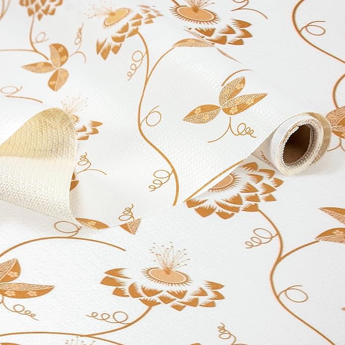 RAY STAR Shelf Liner, Non Adhesive Golden Leaves Floral Kitchen Cabinet Liner for Pantry Drawer, Strong Grip Non Slip Waterproof, Shelf Liners for Kitchen Cabinets Cupboard 12 Inch x 10 FT (2 Rolls) by RAYSTAR