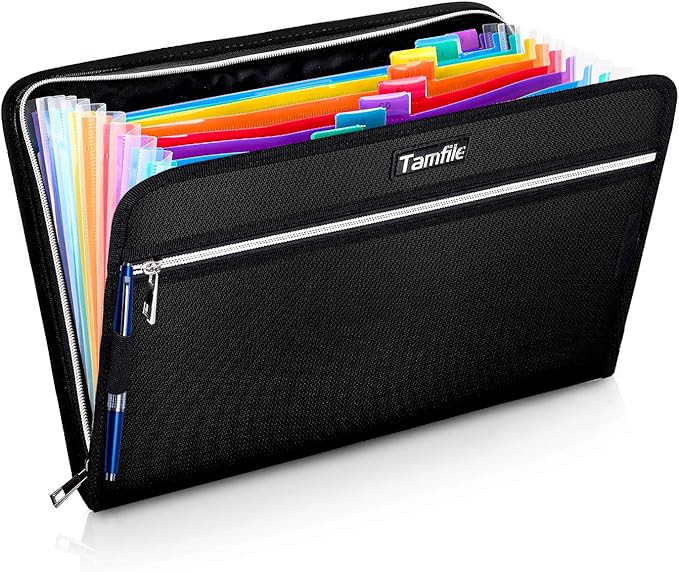 Fireproof Safe Waterproof Accordion File Bag Folder Expanding Filing Folder with 14 Multicolored Pockets, A4 Letter Size, Document Organizer Holder and Color Labels /2 Zipper (Black 14.3" x 9.8") by Tamfile