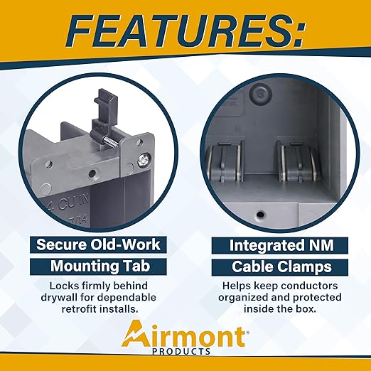 (2 Pack) Airmont Products 14 in. Old Work Electrical Box, 1-Gang 14 Cu in Non-Metallic PVC Outlet Box for Drywall, Remodel Electrical Box with Built-in NM Cable Clamps, Grey PVC Old Work Outlet Box - Image 8