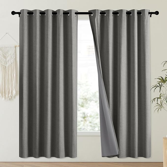 NICETOWN Grizzle Gray Vintage Linen 100% Blackout Curtains for Playroom, Thermal Insulated Curtains 72" Long, Noise Reducing Window Treatment Drapes for Laundry Room, 62" Wide Per Panel, Set of 2 - Image 2