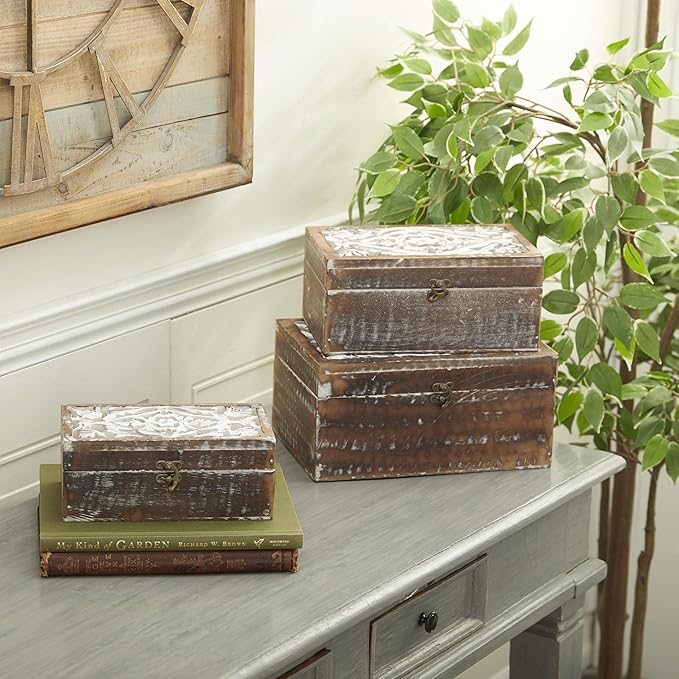 Deco 79 Wood Floral Handmade Decorative Box Decorative Keepsake Boxes with Hinged Lid, Set of 3 Storage Boxes 12", 11", 9"W, Brown - Image 5
