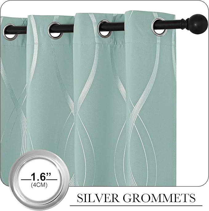 NICETOWN Aqua Blue Curtain Panels 63 inch Long for Dining Room and Patio, W52 x L63 inch, Wave Line Foil Print Design Pattern Drapes for Apartment Wall Decor, 2 Panels - Image 4