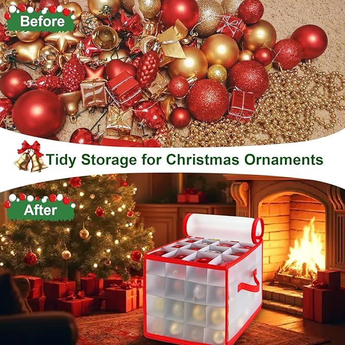 Christmas Ornament Storage Box, 64 Christmas Decoration Storage Box with Two Handles, Holiday Xmas Ornaments Box with Lid, Double-Sided Trays with Durable Zippers for Season - Image 6