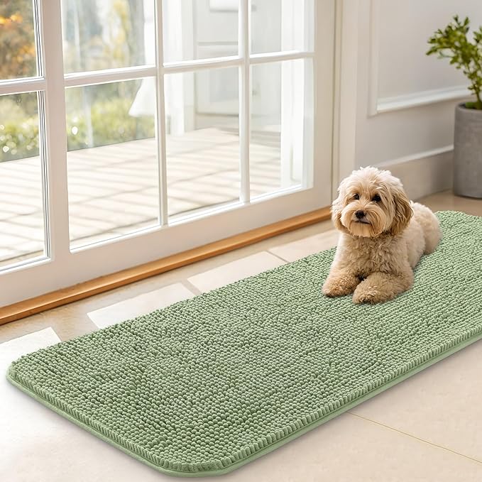OLANLY Dog Door Mat for Muddy Paws 47x17, Absorbs Moisture and Dirt, Absorbent Non-Slip Washable Doormat, Quick Dry Chenille Mud Mat for Dogs, Entry Indoor Entryway Carpet for Inside Floor, Sage Green by OLANLY